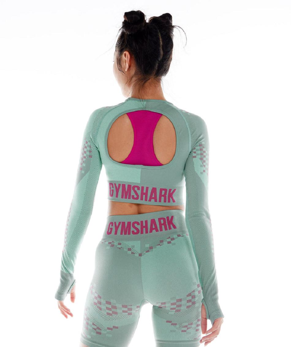 Przycięte Topy Damskie Gymshark Wtflex Cyborg Seamless Long Sleeve Niebieskie Różowe Niebieskie | PL 2687TCE